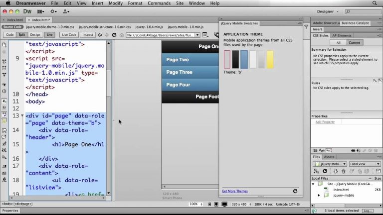 Using JQuery Mobile Swatches in Dreamweaver CS6 to Easily Skin Mobile Applications