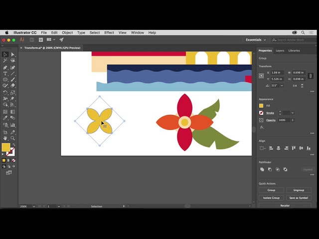 Learn how to transform artwork with the Selection tool, Transform panel, and various transform tools